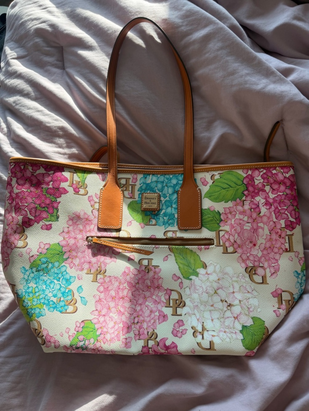 Dooney & Bourke Pink Blue Floral Hydrangea Canvas Tote with Tan Trim